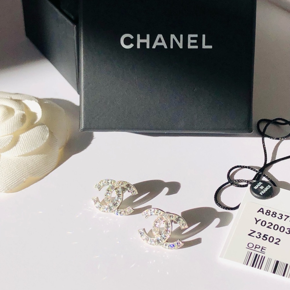 Crystal Silver Chanel CC Logo Classic A88375 Baguette Square Stud Bag Earrings